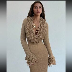 SHEIN Tan Long Sleeve Knit Dress with Fringe